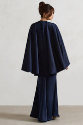 Navy Satin Plunge-Neck Maxi Dress With Cape Sleeves